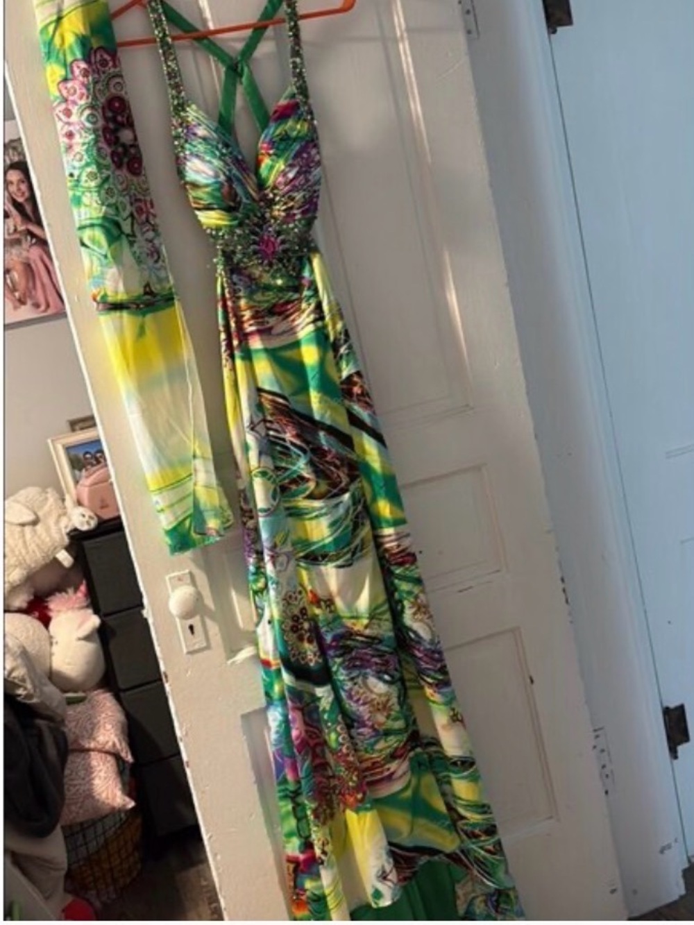 Vibrant Green & Yellow Printed Halter Prom Dress with Beaded Bodice